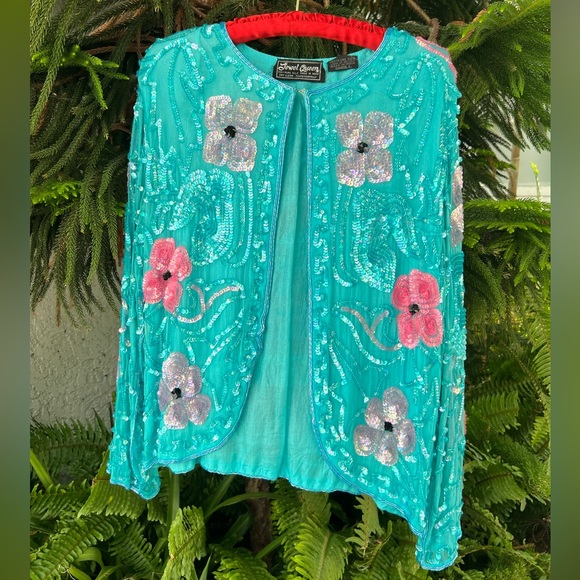 Turquoise Pink 100% Silk Floral Sequin Short Jacket | Hand Embroidered | Small - Picture 16 of 16